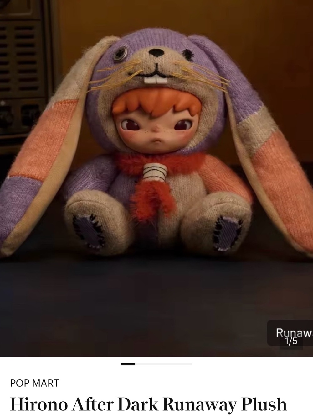 Hirono Runaway Plush Doll - Purple & Peach Bunny Outfit